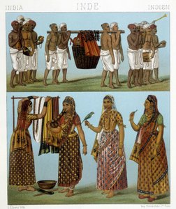 Funeral (parte superior da foto) e lavanderia (parte inferior da foto) na Índia. Ilustração em "Le costume historique" de Racinet de Albert Charles August Racinet