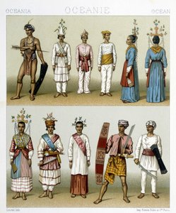 Habitantes das Ilhas Celebes na Indonésia. Ilustração em "Le costume historique" de Racinet de Albert Charles August Racinet