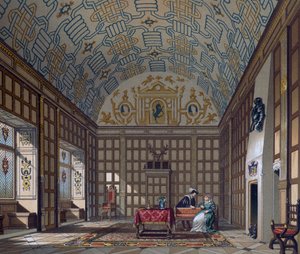 Interior da habitação inglesa do século XVI, Litografia de Gaulard de Le Costume historique (A História Completa do Traje) de Albert Charles August Racinet
