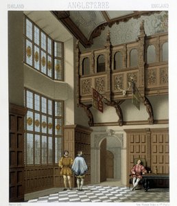 Interior de uma casa senhorial na Inglaterra no século XVIII. Ilustração em "Le costume historique" de Racinet de Albert Charles August Racinet