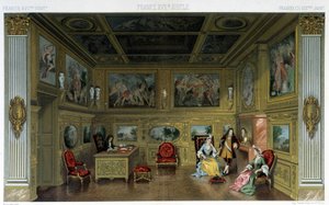 Homens e mulheres em uma casa rica do século XVIII. Ilustração em "Le costume historique" de Racinet de Albert Charles August Racinet