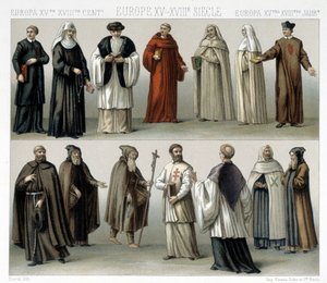 Fantasias monásticas na Europa dos séculos XV a XVIII. Ilustração em "Le costume historique" de Racinet