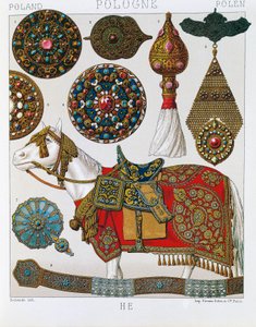 Ornamentos poloneses, Hussardos de cavalo, litografia tirada da história do traje de Schmidt, Volume V de Albert Charles August Racinet