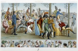 O burguês a caminhar para Longchamp, Deb. Século XIX - em "Le costume historique", de Racinet de Albert Charles August Racinet