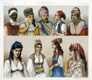 Fantasias tradicionais e toucas de homens e mulheres na Argélia. Ilustração em "Le costume historique" de Racinet