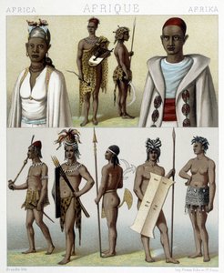 Fatos tradicionais e jóias de Timbuktu e do Alto Nilo. Ilustração em "Le costume historique" de Racinet de Albert Charles August Racinet