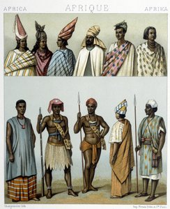 Os trajes tradicionais do Senegal. Ilustração em "Le costume historique" de Racinet