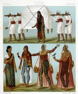 Transporte e trajes femininos tradicionais. Ilustração em "Le costume historique" de Racinet de Albert Charles August Racinet