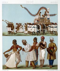 Transporte, música, dança e trajes tradicionais da Índia. Ilustração em "Le costume historique" de Racinet de Albert Charles August Racinet