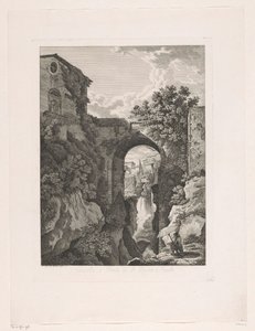 Cachoeira perto da ponte de San Rocco em Tivoli Cascata, e Ponte di St. Rocco a Tivoli (título no objeto) Brochuras gravadas pitorescas da Itália (título da série)