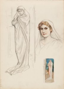 Aino Ackté como Alcestis, esboço do rosto e dois esboços de corpo inteiro de Albert Edelfelt