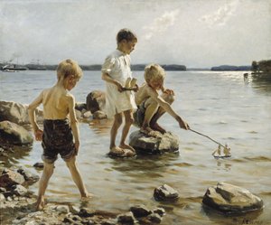 Meninos brincando na costa