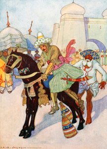 O cavalo encantado. O príncipe montou sem a ajuda do hindu, virou a cavilha ... (litografia a cores)