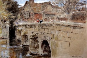 Crane Bridge, Salisbury (caneta e tinta com aquarela e cor de corpo em papel colorido) de Albert Goodwin