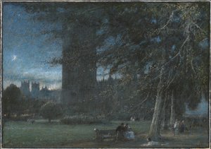 Figuras por baixo do Palácio de Westminster ao anoitecer de Albert Goodwin