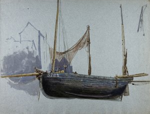 Barco de pesca 57BX (aquarela e cor do corpo em papel colorido) de Albert Goodwin