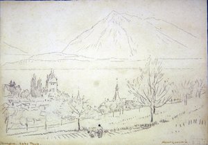 Lago Thun, Oberhofen (tinta e lápis sobre papel) de Albert Goodwin
