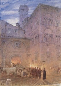 Lucca; Toscana; procissão religiosa; carrinho; vaca; de Albert Goodwin