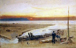 Shore Scene em Sunset de Albert Goodwin