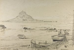 Monte São Miguel, Cornualha, c.1870-80 (lápis, tinta e giz de cera a bordo) de Albert Goodwin