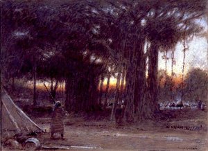 As Banyan Trees and the Sentinel (caneta e tinta, aguarela e guache) de Albert Goodwin