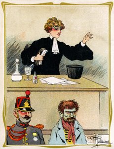 Uma advogada com um rosto bonito, implora e defende que o seu cliente parece paciente. Publicidade, gravura 1902-1903 de Albert Guillaume