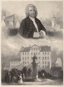 Retrato de Johann Sebastian Bach, Monumento de Bach e St. Thomas Church and School em Leipzig, c. 1860