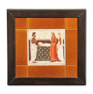 Azulejo pintado com uma cena medieval, c.1880-99 (cerâmica pintada) de Albert Joseph (attr.to) Moore