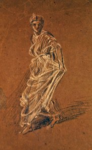Estudo de uma rapariga a dar um passo em frente e a usar um vestido comprido, c.1870 (giz preto e branco sobre papel castanho) de Albert Joseph Moore
