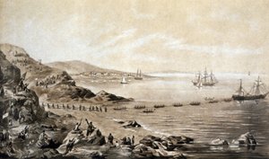 instalação do primeiro cabo telegráfico transatlântico entre a Irlanda e o Canadá (1857) gravada por Albert Kruger c.1870 de Albert Kruger