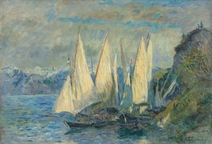 Barcos com velas grandes no lago de Genebra no Meillerie em Alta Saboia