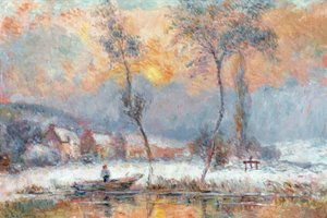 Nascer do sol, pela neve, na lagoa de Chalou-Moulin