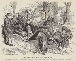 Desenho animado a gozar com um homem que conduz o seu carro acima do limite de velocidade (litho) de Albert Levering