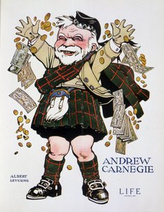 Retrato de Andrew Carnegie em terno xadrez e jogando dinheiro - por Albert Levering (1869-1929), em "Life" de 13/04/1905 de Albert Levering