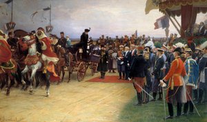 O Presidente Emile Loubet (1836-1929) dá as boas-vindas ao Czar Nicolau II (1868-1918) e Impressiona Alexandra em 21/09/1901 no Campo de Betheny Pintura de Albert Dawant (1852-1923) 1905 Sol., 09x3,56 m