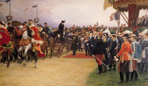 Presidente Emile Loubet (1838-1929) Acolhendo o czar Nicolas II (1868-1917) e a Czarina Alexandra (1872-1918) ao Acampamento de Betheny, 21 de setembro de 1901, r.1905