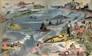 Antecipação: o lançamento da Ópera de Paris em 2000, vista pelo desenhador Albert Robida em 1900. Os parisienses circulam por todos os tipos de veículos aéreos.