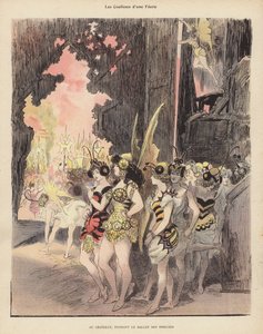 Backstage durante uma produção do Ballet des Insectes no Theatre du Chatelet, Paris (cor litho) de Albert Robida