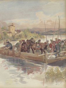 Bourbon fugindo, falta de reconhecimento pelos soldados, passando uma balsa de Albert Robida