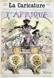 Desenho animado sobre o colonialismo em África "Grande desempacotamento das novidades coloniais africanas, faça a sua escolha! Um continente inteiro para partilhar, grandes ocasiões, fatias do Congo, pedaços da Guiné" de Robida - em "La Caricature" de 02/0