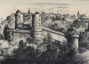 Chateau de Fougeres - forte do castelo no departamento de Ille-et-Vilaine. Antiga França - Bretanha - textos, desenhos e litografias, de Albert Robida (1848-1926) final do século XIX sem data de Albert Robida