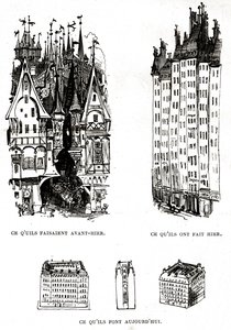 Crítica da fealdade da construção moderna em Paris com a arquitetura do passado, do presente e do futuro de Albert Robida