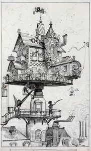 O desenho mostra uma estrutura de habitação elevada acima dos telhados e concebida para girar e ajustar-se em várias direcções, desenho de Albert Robida c. 1883 de Albert Robida