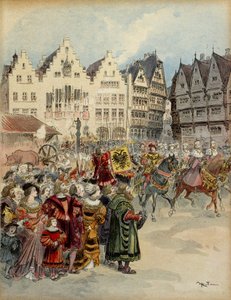Eleição de Carlos V (1500-1558) como Imperador da Alemanha em 28 de Junho de 1519. O cortejo dos sete eleitores percorre as ruas de Frankfurt (Alemanha). Ilustração de Albert Robida