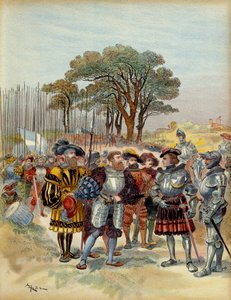 Quinta Guerra Italiana (1515-1516): no acampamento retirou-se do Bicocca (bicoque) em frente a Milão (Itália), em 1516, os suíços exigiam pagamento, conge ou batalha, Odet de Foix, Visconde de Lautrec, marechal da França (1485-1528) não podia pagá-los. Ilu de Albert Robida