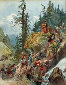 Quinta Guerra Italiana (1515-1516): a passagem dos Alpes em agosto de 1515, pelo Passo Larche, do exército de François I (1494-1547), a caminho da Itália. Ilustração de Albert Robida