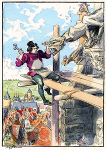 Escultor de gárgulas num andaime no século XV de Albert Robida