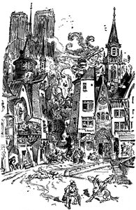 O gigante Gargantua atravessa Paris, semeando o pânico e a destruição no seu caminho. Aprende a cuspir na Catedral de Notre Dame de Paris, cujas torres ao fundo se distinguem. Com este cuspo, mais de 3000 parisienses morrerão afogados! Ilustração de Albert Robida