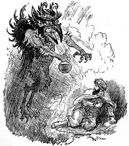 Ilustração de Albert Robida (1848-1926) de uma lenda árabe (1001 noites) (Contos das Mil e Uma Noites): um demónio horrível (génio do mal) oferece a um homem uma garrafa de vinho. gravura do livro "Choix de lectures" Armand Colin 1926. de Albert Robida