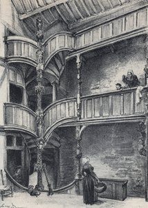 Interior de uma casa em Morlaix - França Antiga - Bretanha - textos, desenhos e litografias, de Albert Robida (1848-1926) final do século XIX sem data de Albert Robida